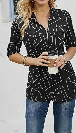 MDB Kadın Uzun Kollu Hakim Yaka Yakadan Fermuarlı Geometrik Desenli Süprem Bluz