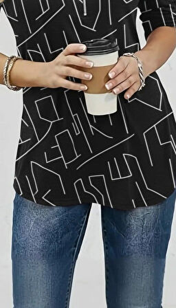 MDB Kadın Uzun Kollu Hakim Yaka Yakadan Fermuarlı Geometrik Desenli Süprem Bluz