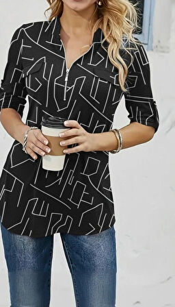 MDB Kadın Uzun Kollu Hakim Yaka Yakadan Fermuarlı Geometrik Desenli Süprem Bluz