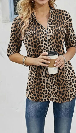 MDB Kadın Uzun Kollu Hakim Yaka Yakadan Fermuarlı Geometrik Desenli Süprem Bluz