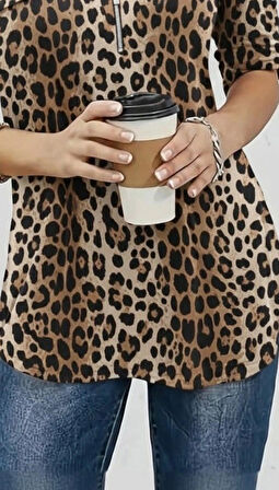 MDB Kadın Uzun Kollu Hakim Yaka Yakadan Fermuarlı Geometrik Desenli Süprem Bluz