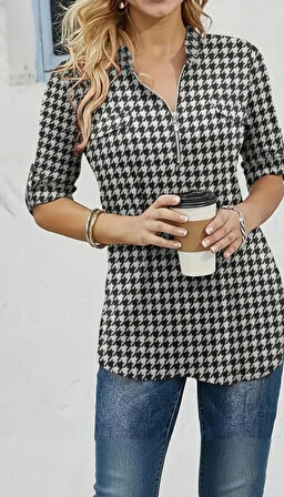 MDB Kadın Uzun Kollu Hakim Yaka Yakadan Fermuarlı Geometrik Desenli Süprem Bluz