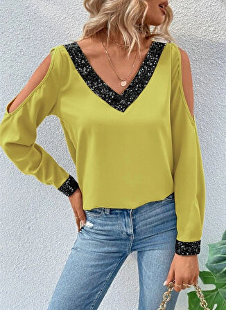 MDB Kadın Uzun Kollu V Yakalı Omuzlardan Açık Sandy Bluz