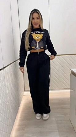 MDB Kadın Uzun Kollu Bisiklet Yaka Desenli Iki Iplik şardonlu Bluz Ve Pantolon Ikili Takım