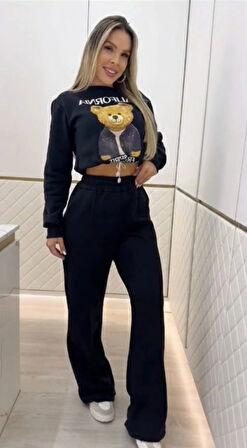 MDB Kadın Uzun Kollu Bisiklet Yaka Desenli Iki Iplik şardonlu Bluz Ve Pantolon Ikili Takım