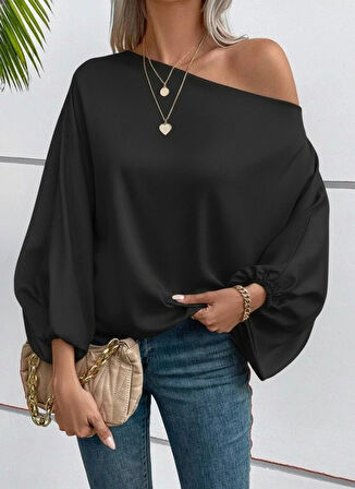 MDB Kadın Tek Omuzu Açık Uzun Kollu Salaş Sandy Bluz