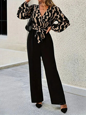 MDB Kadın Uzun Kollu Kruvaze Yakalı Belden Kuşaklı üst Dalgıç Alt Ithal Krep Tulum