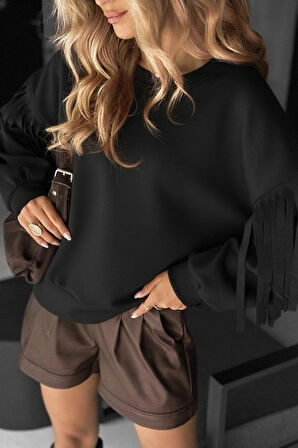 MDB Kadın Uzun Kollu Bisiklet Yaka Kolları Püsküllü Modal Bluz