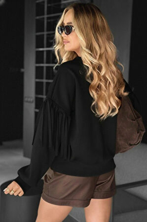 MDB Kadın Uzun Kollu Bisiklet Yaka Kolları Püsküllü Modal Bluz