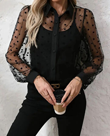 MDB Kadın Uzun Kollu Yakalı şeffaf Tül Detaylı Ve Viskon Atlet Ikili Takım