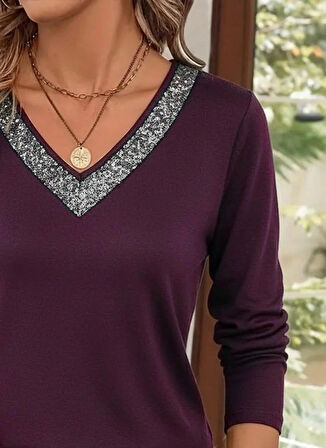 MDB Kadın Uzun Kollu V Payet Yakalı Viskon Mürdüm Bluz