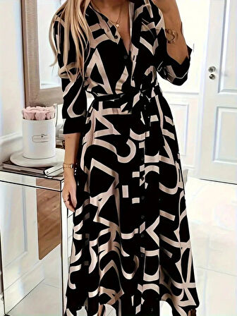 MDB Kadın Uzun Kollu Yakalı önden Düğmeli Uzun Süprem Elbise