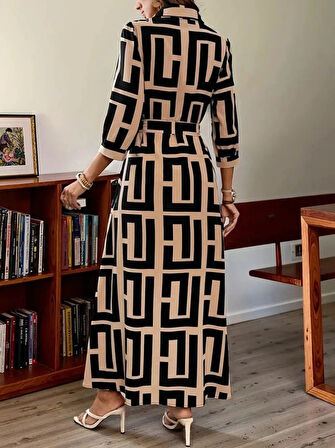 MDB Kadın Uzun Kollu Yakalı önden Düğmeli Uzun Süprem Elbise