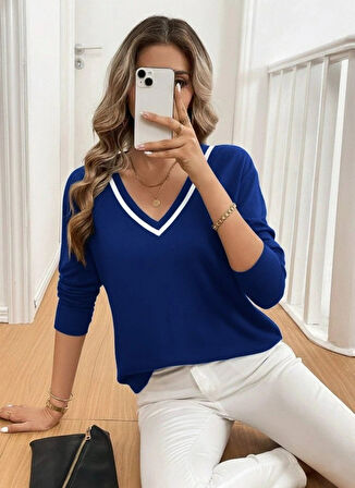MDB Kadın Uzun Kollu V Yakalı Viskon Iki Iplik Bluz