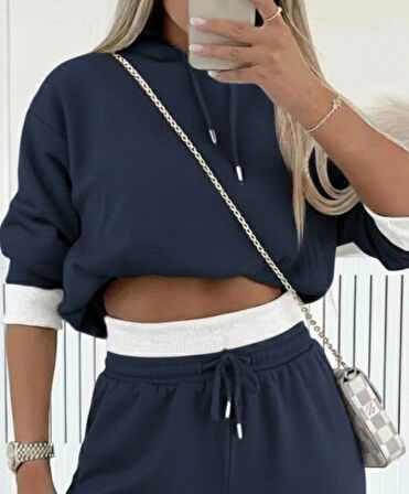 MDB Kadın Uzun Kollu Kapşonlu Viskon Iki Iplik Füme Bluz Ve Pantolon Ikili Takım