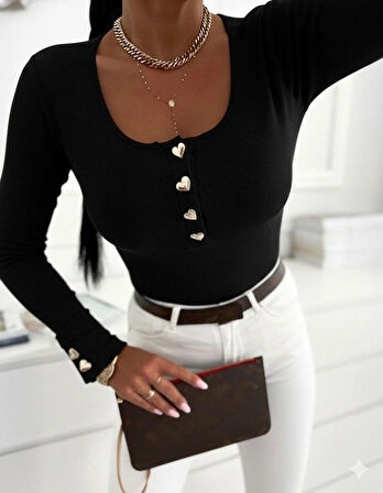 MDB Kadın Uzun Kollu Yakadan Açık Ve Düğme Detaylı Kaşkorse Bluz