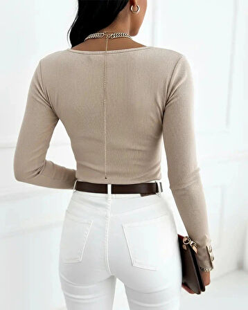 MDB Kadın Uzun Kollu Yakadan Açık Ve Düğme Detaylı Kaşkorse Bluz