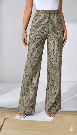 MDB Kadın Yüksek Bel Paçaya Doğru Geniş Dokuma Pantolon