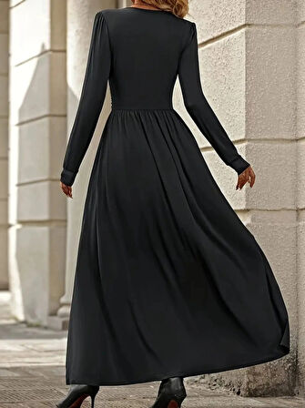 MDB Kadın Uzun Kollu V Dantel Yakalı Yırtmaçlı Uzun Sandy Elbise