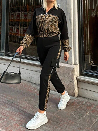 MDB Kadın Uzun Kollu Kapşonlu Leopar Desenli Viskon Iki Iplik Bluz Ve Pantolon Ikili Takım