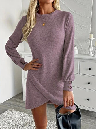 MDB Kadın Uzun Kollu Bisiklet Yaka önden Asimetrik Kesim Detaylı Mini Yumoş Elbise