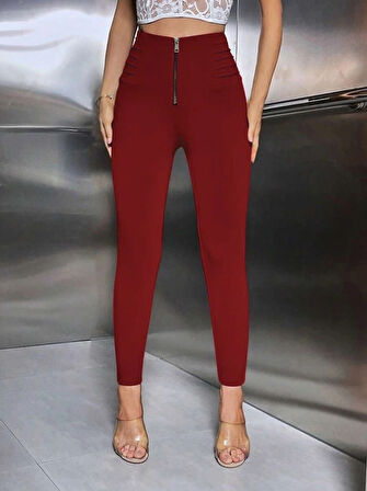 MDB Kadın Yüksek Belli önden Fermuar Ve Nervur Detaylı Dalgıç Tayt