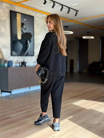 MDB Kadın Uzun Kollu Bisiklet Yaka Viskon Iki Iplik Bluz Ve Pantolon Ikili Takım