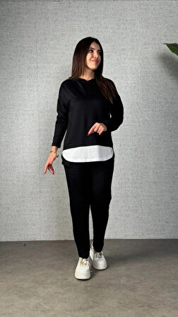 MDB Kadın Uzun Kollu Kapşonlu Bağcıklı Viskon Iki Iplik Bluz Ve Pantolon Ikili Takım