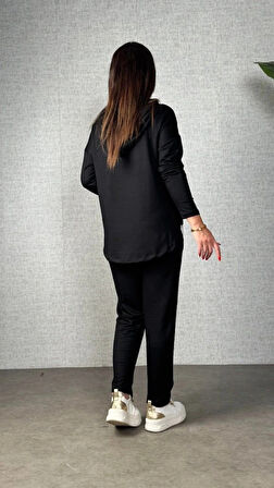 MDB Kadın Uzun Kollu Kapşonlu Bağcıklı Viskon Iki Iplik Bluz Ve Pantolon Ikili Takım