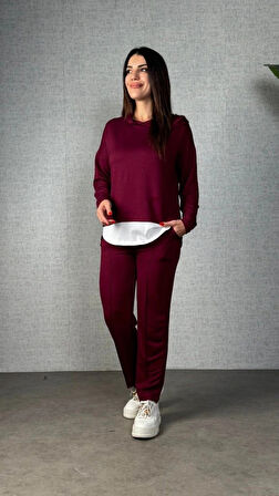 MDB Kadın Uzun Kollu Kapşonlu Bağcıklı Viskon Iki Iplik Bluz Ve Pantolon Ikili Takım