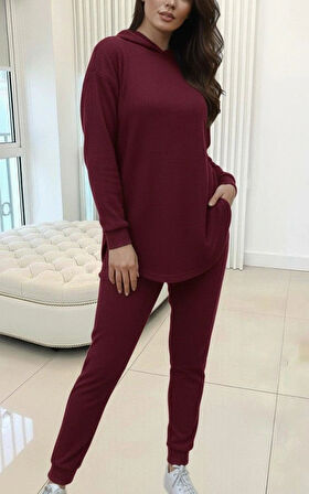 MDB Kadın Uzun Kollu Kapşonlu Meloni Bluz Ve Pantolon Ikili Takım