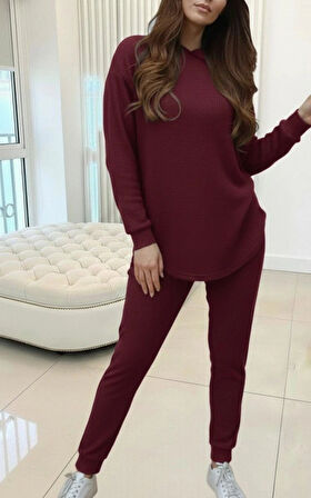 MDB Kadın Uzun Kollu Kapşonlu Meloni Bluz Ve Pantolon Ikili Takım