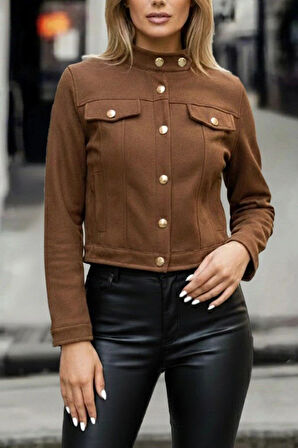 MDB Kadın Uzun Kollu Yakadan Ve önden Düğmeli Süet Kısa Ceket