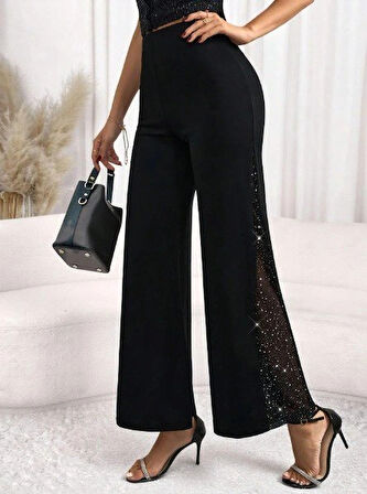 MDB Kadın Yüksek Bel Yanlardan Tül Detaylı Ithal Krep Pantolon