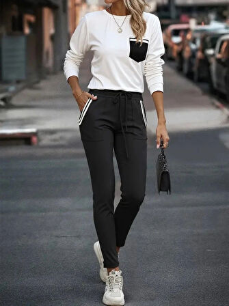 MDB Kadın Uzun Kollu Bisiklet Yaka Cepli Viskon Iki Iplik Bluz Ve Pantolon Ikili Takım