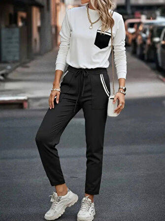 MDB Kadın Uzun Kollu Bisiklet Yaka Cepli Viskon Iki Iplik Bluz Ve Pantolon Ikili Takım