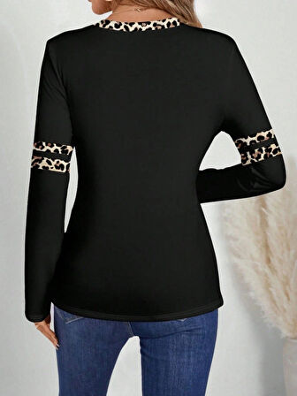 MDB Kadın Uzun Kollu V Yakalı Leopar Desenli Viskon Iki Iplik Bluz