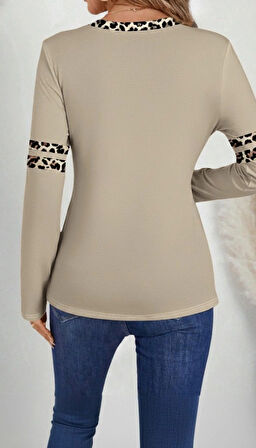 MDB Kadın Uzun Kollu V Yakalı Leopar Desenli Viskon Iki Iplik Bluz