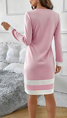 MDB Kadın Uzun Kollu Yuvarlak Yaka Etek Ucu şerit Detaylı Mini Dalgıç Elbise