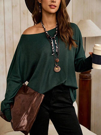 MDB Kadın Tek Omuzdan Açık Yarasa Kollu Waffle Bluz