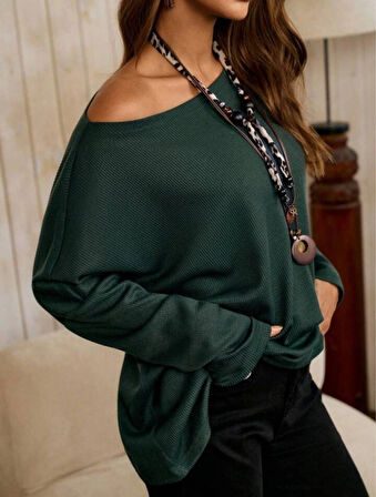 MDB Kadın Tek Omuzdan Açık Yarasa Kollu Waffle Bluz