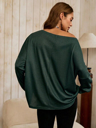 MDB Kadın Tek Omuzdan Açık Yarasa Kollu Waffle Bluz