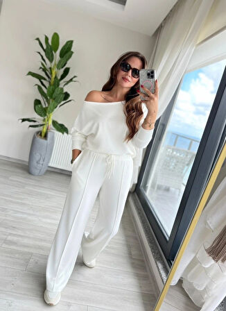 MDB Kadın Uzun Kollu Tek Omuzdan Açık Dalgıç Bluz Ve Pantolon Ikili Takım