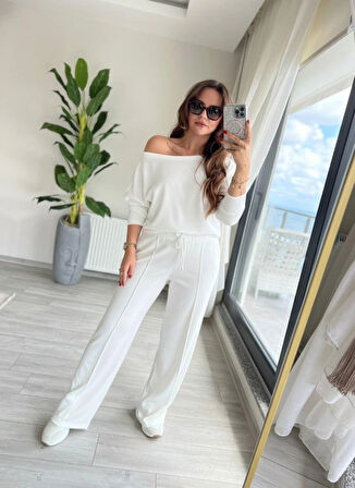 MDB Kadın Uzun Kollu Tek Omuzdan Açık Dalgıç Bluz Ve Pantolon Ikili Takım