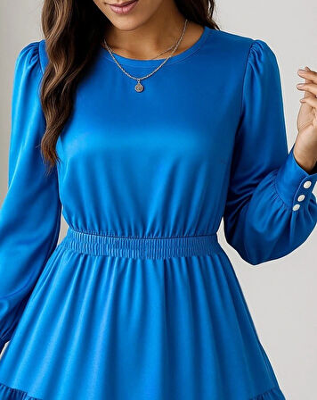 MDB Kadın Uzun Kollu Bisiklet Yaka Beli Lastikli Fırfırlı Ithal Krep Elbise