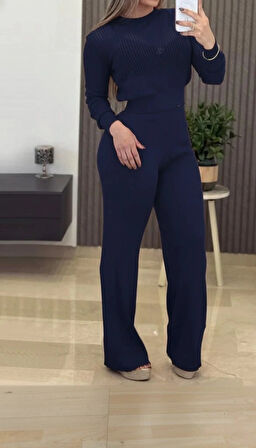 MDB Kadın Uzun Kollu Yuvarlak Yaka Transparan Detaylı Triko Bluz Ve Pantolon Ikili Takım