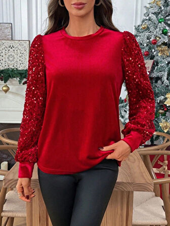 MDB Kadın Uzun Kollu Bisiklet Yaka Kollar Pulpayet Kadife Bluz