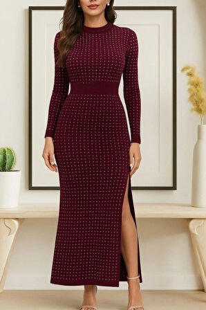 MDB Kadın Uzun Kollu Bisiklet Yaka Taşlı Midi Kadife Elbise