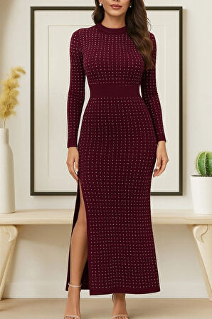 MDB Kadın Uzun Kollu Bisiklet Yaka Taşlı Midi Kadife Elbise