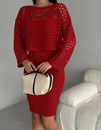 MDB Kadın Uzun Kollu Delikli Kazak Askılı Elbise Triko Ikili Takım